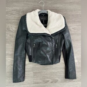 BCBG MAXAZRIA Black Leather Jacket Sherpa Shearling Collar Size XS